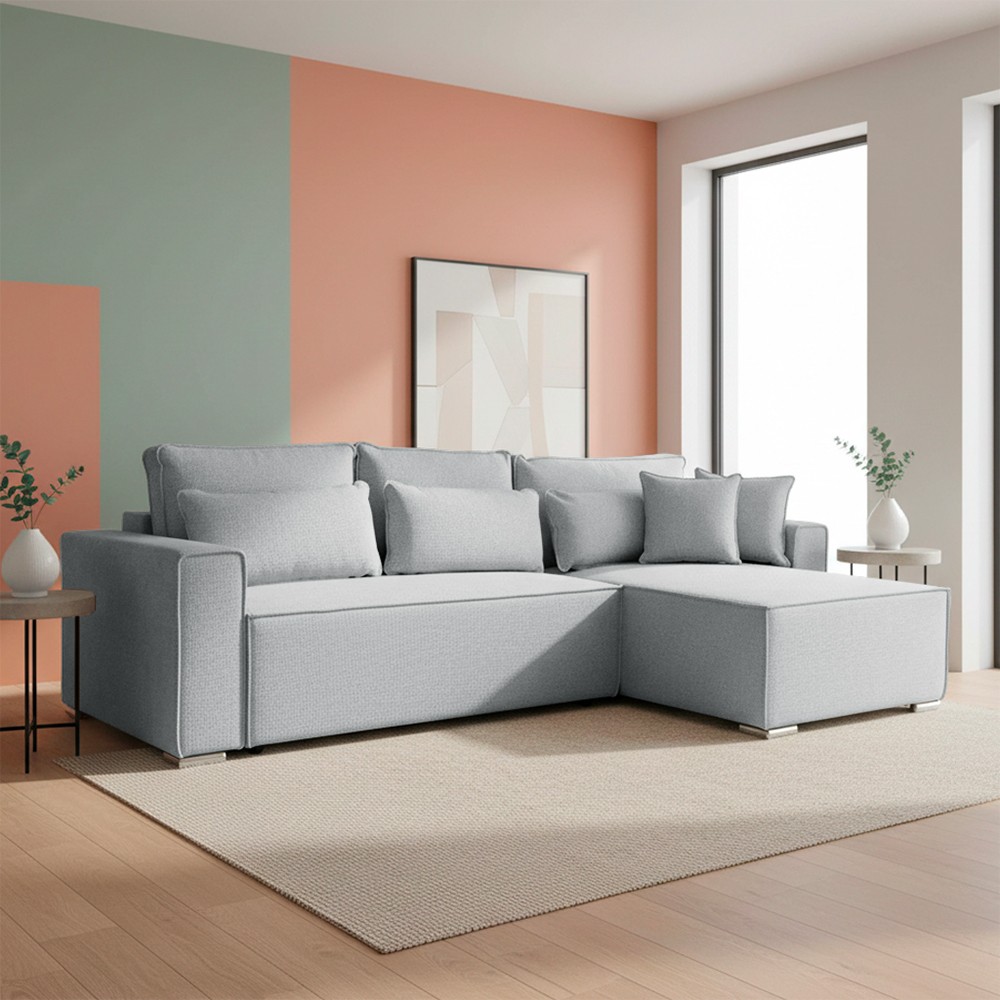 Divano angolare Emily con funzione letto con contenitore e penisola reversibile cuscini decorativi in Neve 80 grigio scuro Divano angolare Emily con funzione letto con contenitore e penisola reversibile cuscini decorativi in Neve 80 grigio scuro