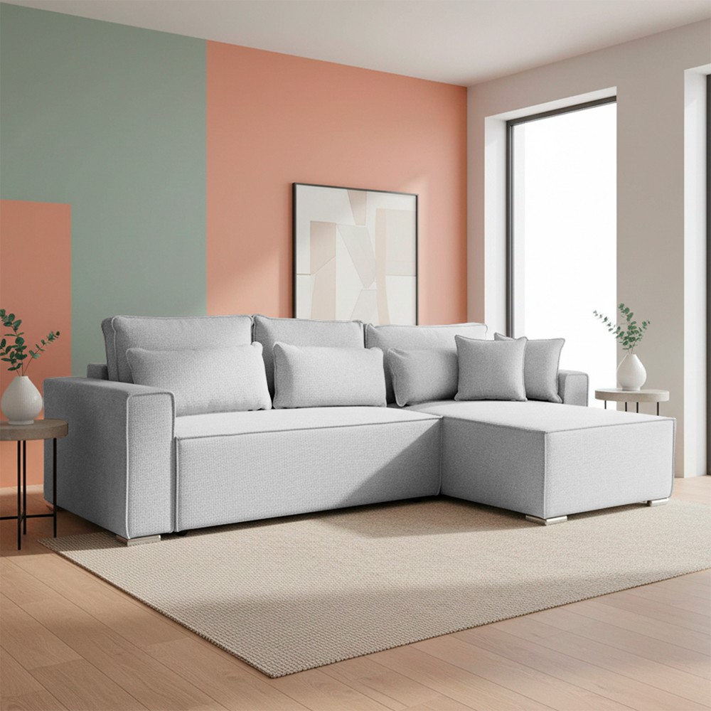 Divano angolare Emily con funzione letto easy open con contenitore e penisola reversibile cuscini decorativi in Aragon 80 grigio Divano angolare Emily con funzione letto easy open con contenitore e penisola reversibile cuscini decorativi in Aragon 80 grigio