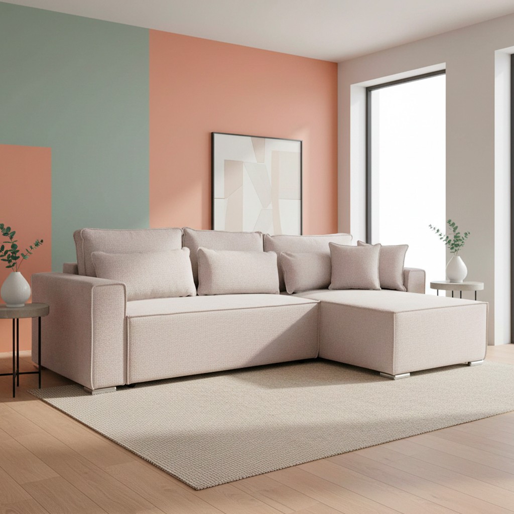 Divano angolare Emily con funzione letto easy open con contenitore e penisola reversibile cuscini decorativi in Neve 03 beige Divano angolare Emily con funzione letto easy open con contenitore e penisola reversibile cuscini decorativi in Neve 03 beige