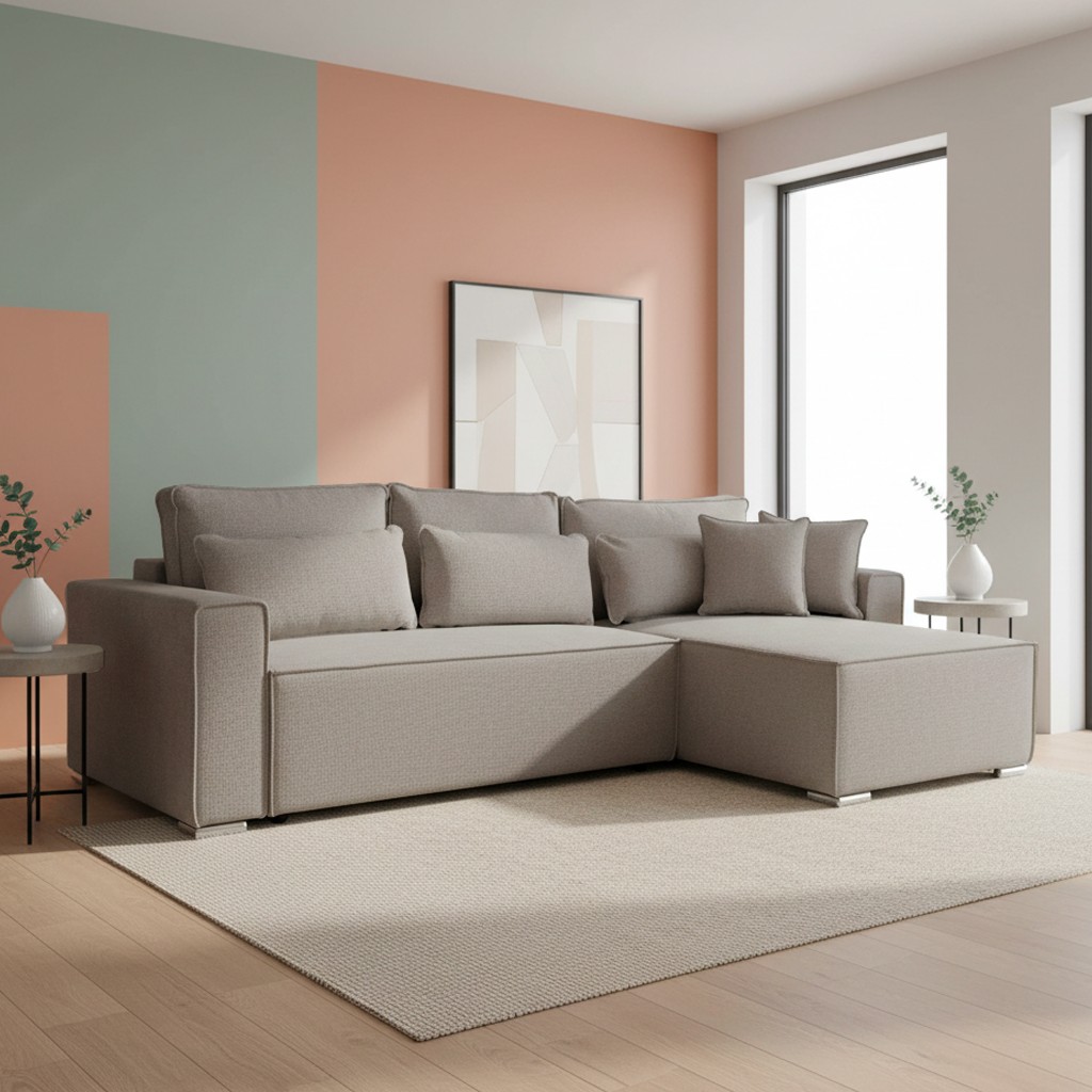 Divano angolare Emily con funzione letto easy open con contenitore e penisola reversibile cuscini decorativi in Neve 13 tortora Divano angolare Emily con funzione letto easy open con contenitore e penisola reversibile cuscini decorativi in Neve 13 tortora