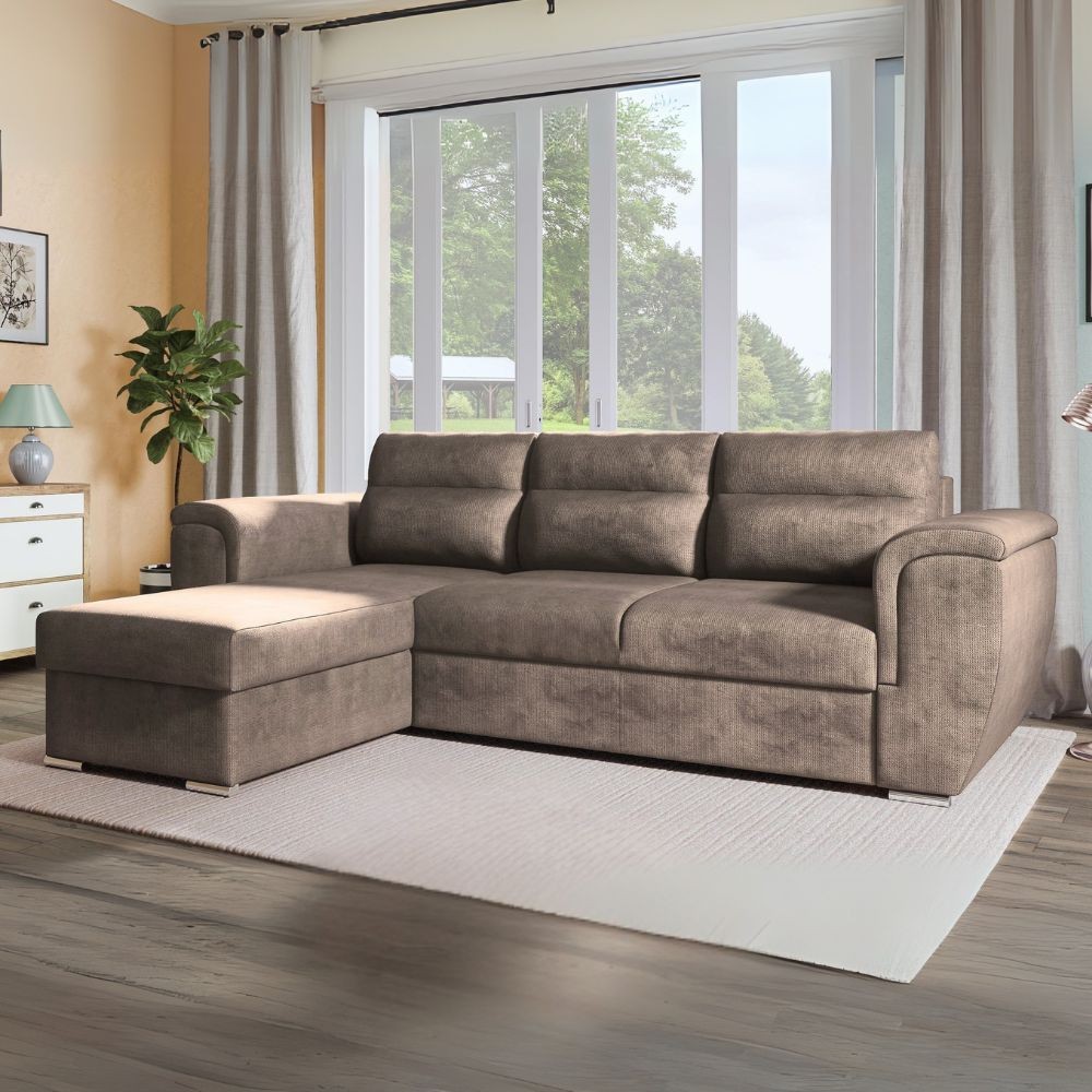 Divano angolare Kendall II con letto estraibile e penisola contenitore reversibile in tessuto Giulia 9703 cappuccino Divano angolare Kendall II con letto estraibile e penisola contenitore reversibile in tessuto Giulia 9703 cappuccino