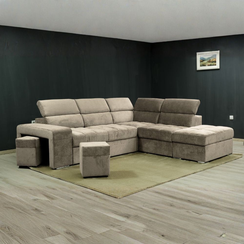 Divano angolare reversibile Positano con 5 poggiatesta regolabili e 2 pouf indipendenti in Barrel 09 cappuccino Divano angolare reversibile Positano con 5 poggiatesta regolabili e 2 pouf indipendenti in Barrel 09 cappuccino