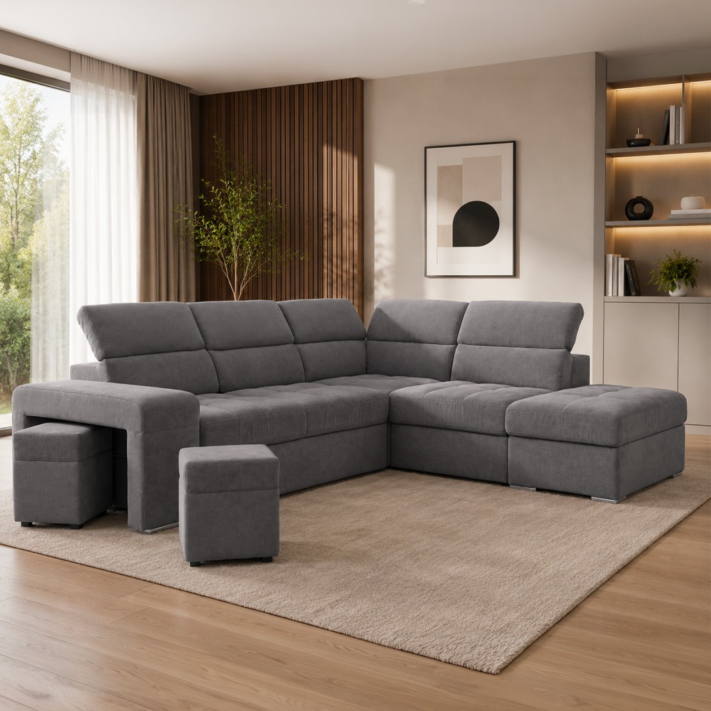 Divano angolare reversibile Positano con 5 poggiatesta regolabili e 2 pouf indipendenti in Barrel 90 grigio Divano angolare reversibile Positano con 5 poggiatesta regolabili e 2 pouf indipendenti in Barrel 90 grigio