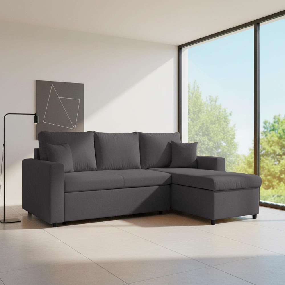 Divano con penisola contenitore reversibile Golf e letto estraibile in tessuto Enjoy24 grafite Divano con penisola contenitore reversibile Golf e letto estraibile in tessuto Enjoy24 grafite
