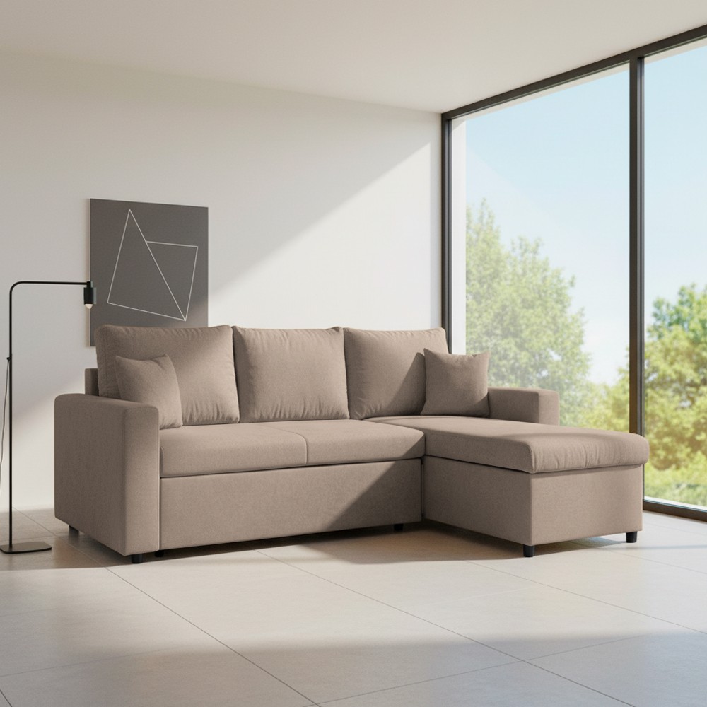 Divano con penisola contenitore reversibile Golf e letto estraibile in tessuto Verita 16 tortora Divano con penisola contenitore reversibile Golf e letto estraibile in tessuto Verita 16 tortora