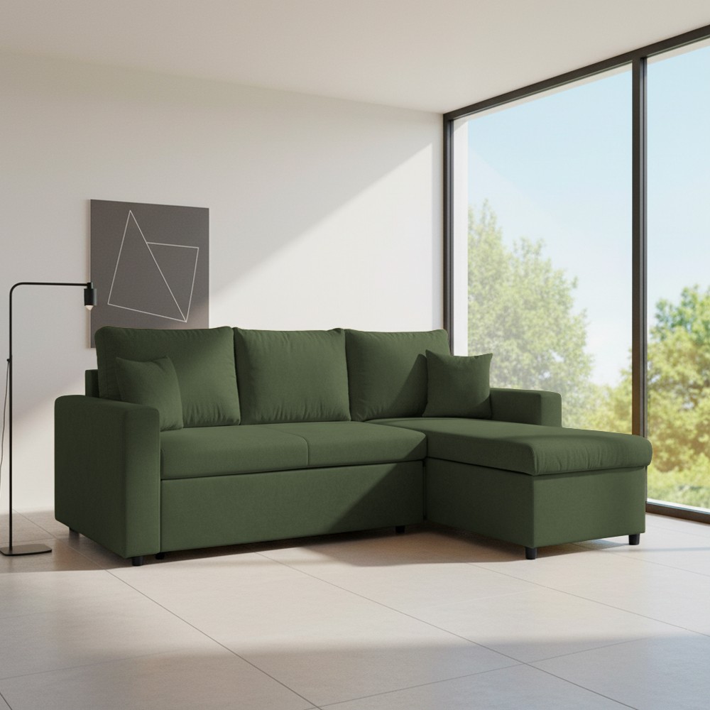 Divano con penisola contenitore reversibile Golf e letto estraibile in tessuto Verita 34 verde muschio Divano con penisola contenitore reversibile Golf e letto estraibile in tessuto Verita 34 verde muschio