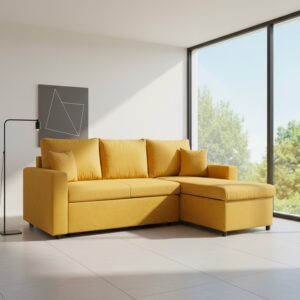 Divano con penisola contenitore reversibile Golf e letto estraibile in tessuto Verita 53 senape