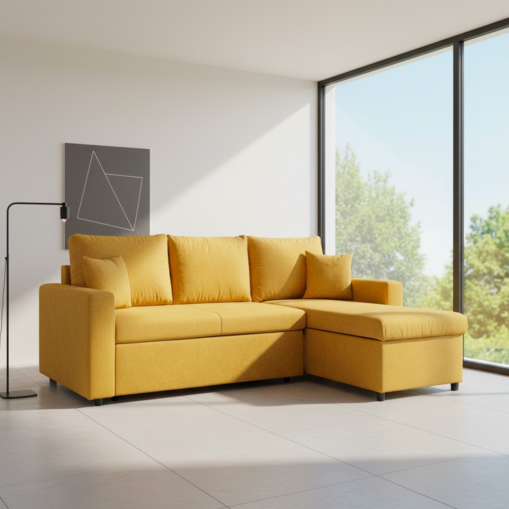 Divano con penisola contenitore reversibile Golf e letto estraibile in tessuto Verita 53 senape Divano con penisola contenitore reversibile Golf e letto estraibile in tessuto Verita 53 senape