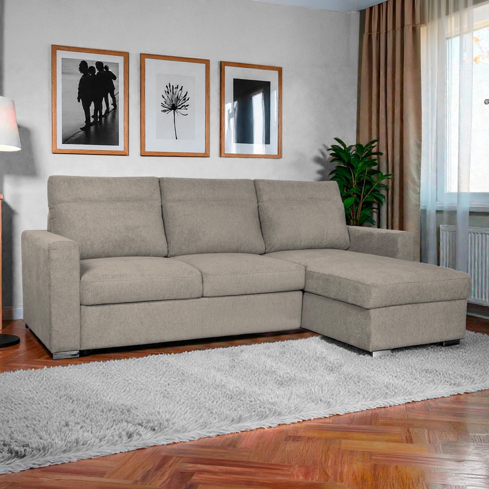 Divano con penisola Elba con letto estraibile e penisola contenitore reversibile in tessuto Neve 16 taupe Divano con penisola Elba con letto estraibile e penisola contenitore reversibile in tessuto Neve 16 taupe