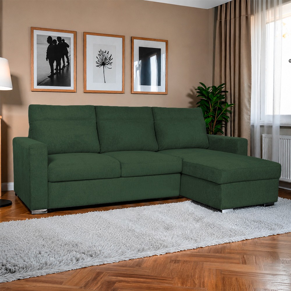 Divano con penisola Elba con letto estraibile e penisola contenitore reversibile in tessuto Neve 39 verde muschio Divano con penisola Elba con letto estraibile e penisola contenitore reversibile in tessuto Neve 39 verde muschio