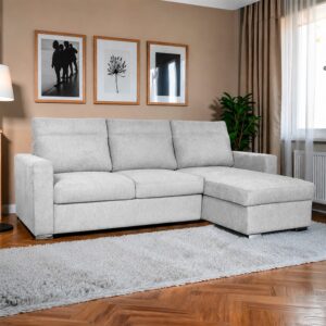Divano con penisola Elba con letto estraibile e penisola contenitore reversibile in tessuto Neve 80 grigio chiaro