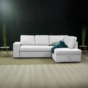 Divano letto angolare Bali con penisola contenitore destra in tessuto Neve 80 light grey