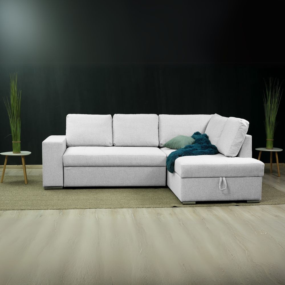 Divano letto angolare Bali con penisola contenitore destra in tessuto Neve 80 light grey Divano letto angolare Bali con penisola contenitore destra in tessuto Neve 80 light grey