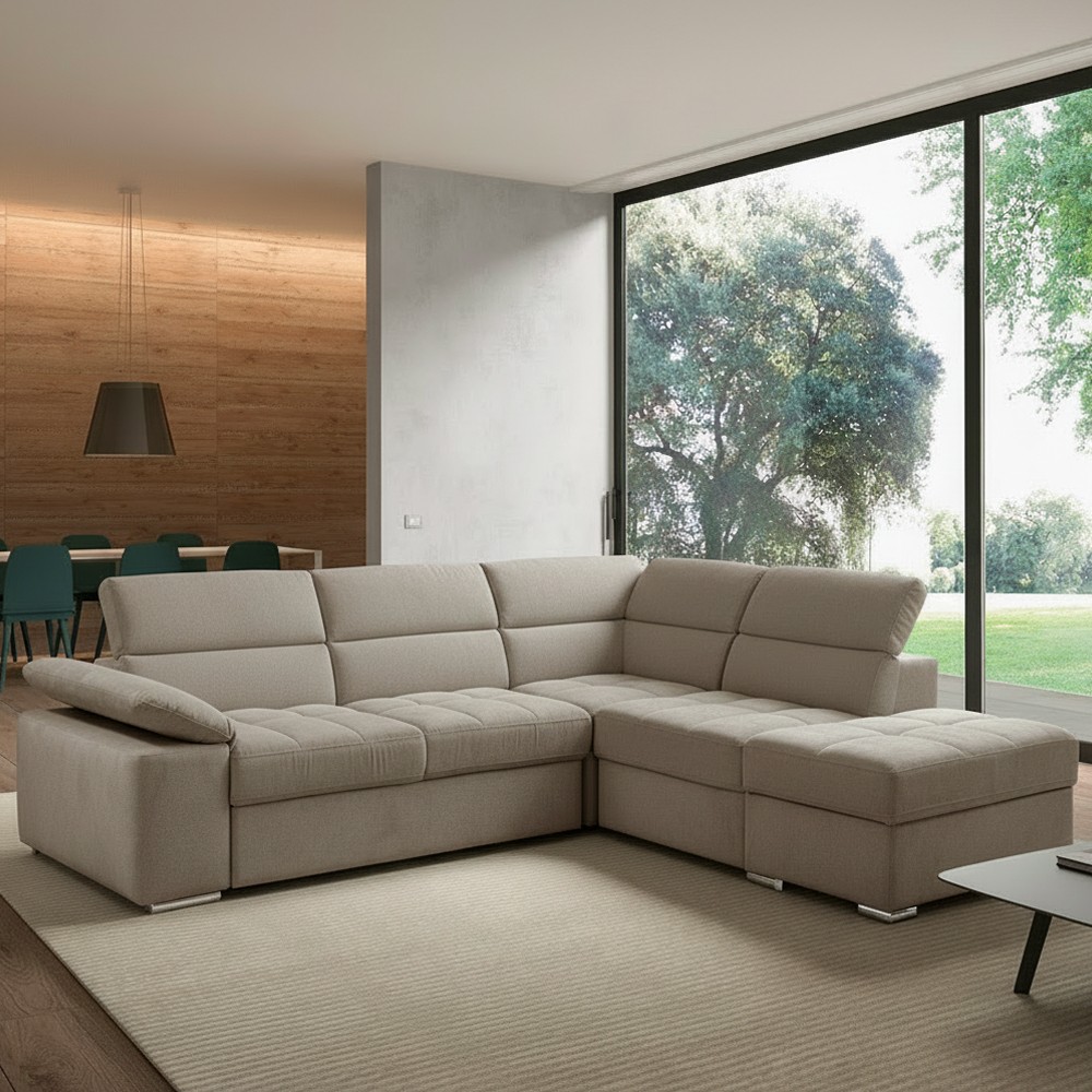 Divano letto angolare Capri reversibile con 5 poggiatesta regolabili e pouf indipendente in Aragon 20 tortora Divano letto angolare Capri reversibile con 5 poggiatesta regolabili e pouf indipendente in Aragon 20 tortora