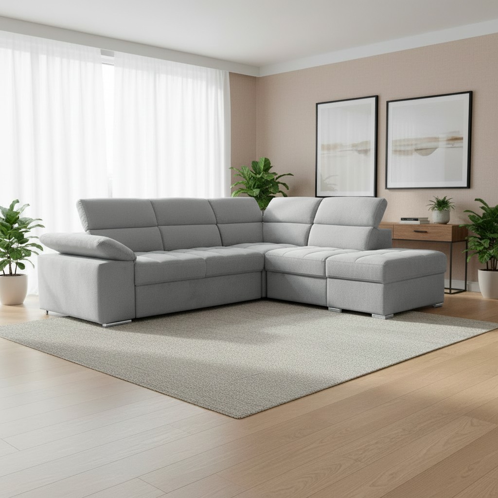 Divano letto angolare Capri reversibile con 5 poggiatesta regolabili e pouf indipendente in Aragon 80 grigio chiaro Divano letto angolare Capri reversibile con 5 poggiatesta regolabili e pouf indipendente in Aragon 80 grigio chiaro