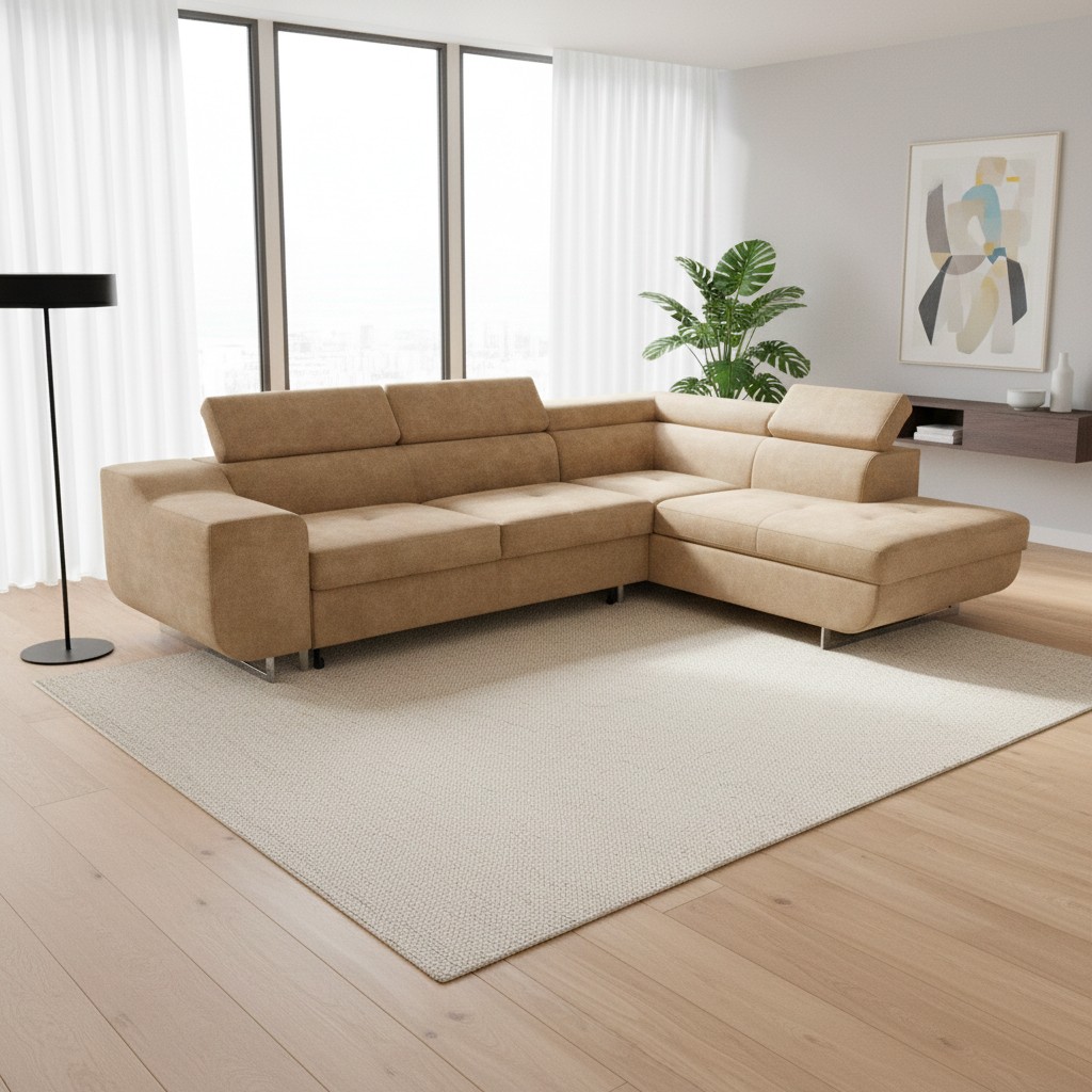 Divano letto angolare Casablanca con penisola contenitore destra in tessuto Aragon 14 nocciola Divano letto angolare Casablanca con penisola contenitore destra in tessuto Aragon 14 nocciola