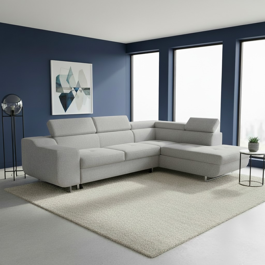 Divano letto angolare Casablanca con penisola contenitore destra in tessuto Aragon 80 grigio chiaro Divano letto angolare Casablanca con penisola contenitore destra in tessuto Aragon 80 grigio chiaro