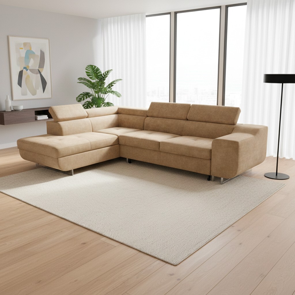 Divano letto angolare Casablanca con penisola contenitore sinistra in tessuto Aragon 14 nocciola Divano letto angolare Casablanca con penisola contenitore sinistra in tessuto Aragon 14 nocciola