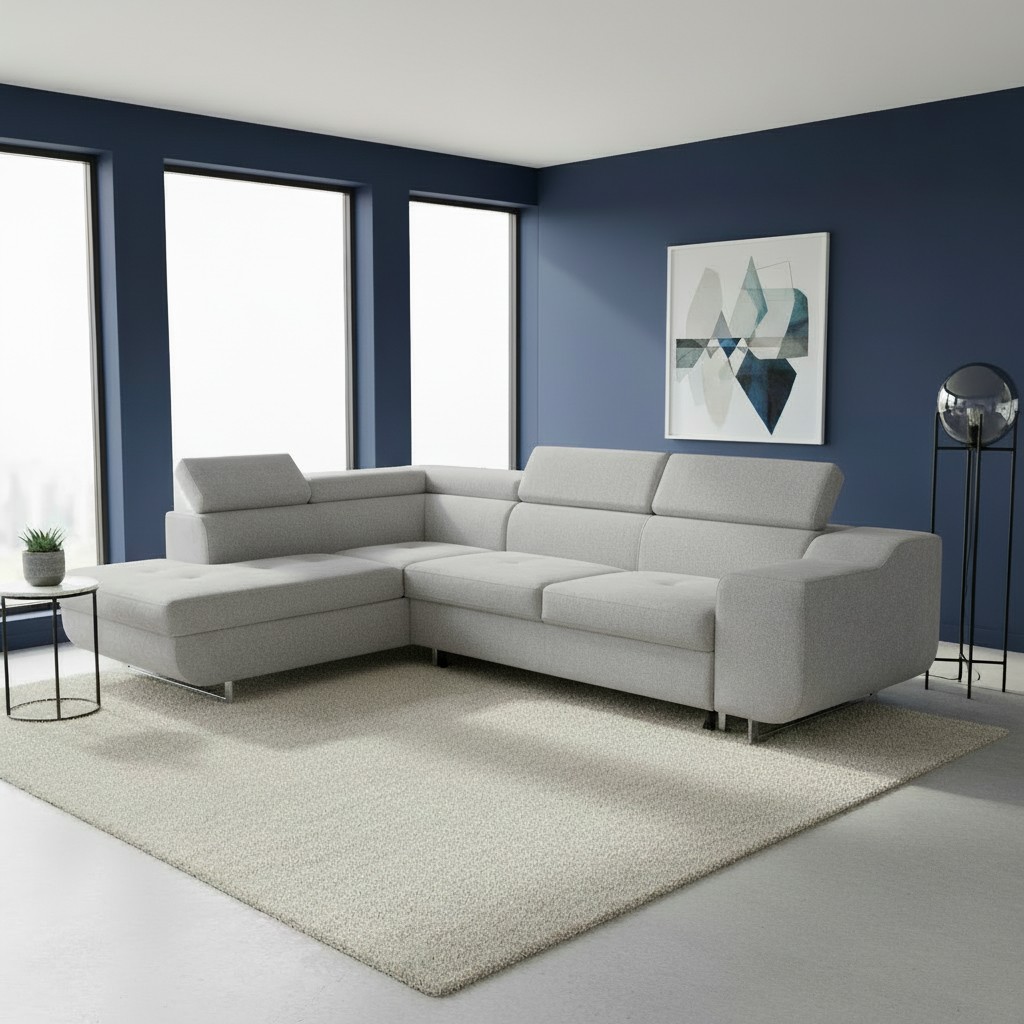Divano letto angolare Casablanca con penisola contenitore sinistra in tessuto Aragon 80 grigio chiaro Divano letto angolare Casablanca con penisola contenitore sinistra in tessuto Aragon 80 grigio chiaro