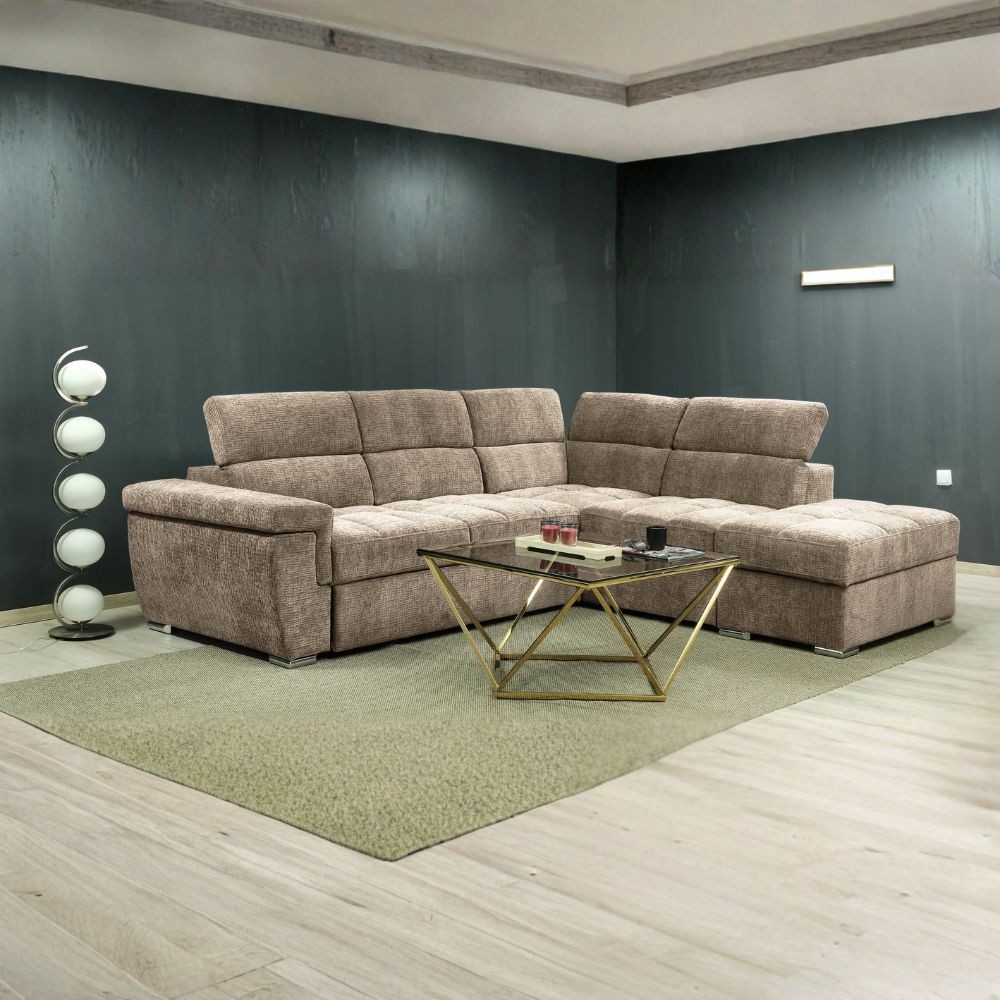 Divano letto angolare reversibile Amalfi con 5 poggiatesta regolabili e pouf indipendente in tessuto Giulia 9703 cappuccino Divano letto angolare reversibile Amalfi con 5 poggiatesta regolabili e pouf indipendente in tessuto Giulia 9703 cappuccino