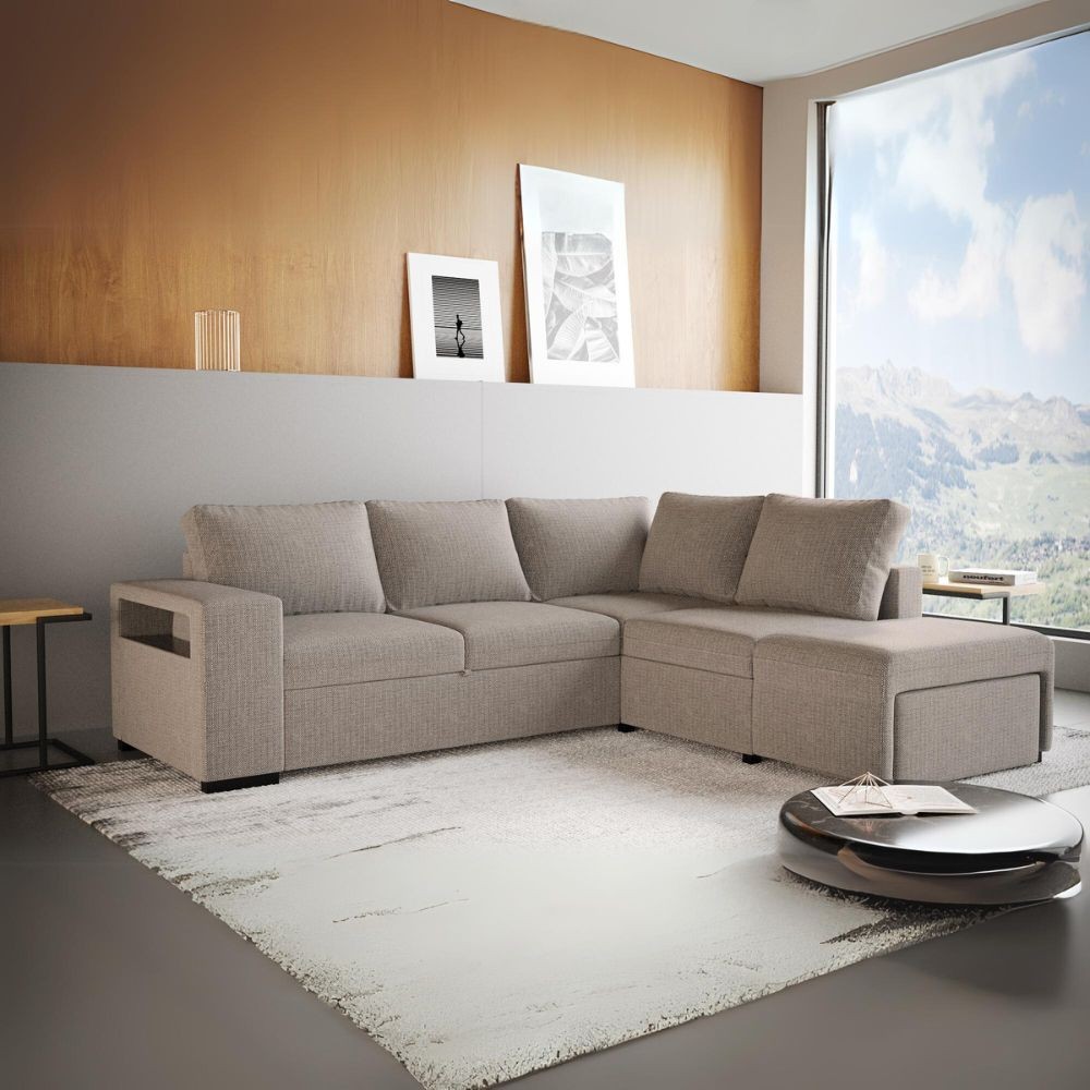 Divano letto angolare reversibile Jozzis con vano contenitore e pouf in tessuto Dubai G0741 sabbia Divano letto angolare reversibile Jozzis con vano contenitore e pouf in tessuto Dubai G0741 sabbia