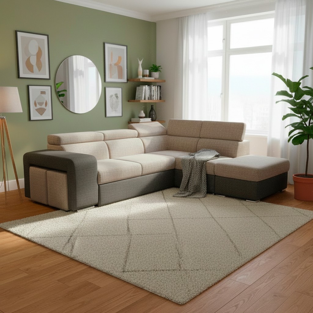 Divano letto angolare Sophie con penisola destra con pouf contenitore e 2 pouf estraibili in Aragon 20 e Aragon 97 Divano letto angolare Sophie con penisola destra con pouf contenitore e 2 pouf estraibili in Aragon 20 e Aragon 97