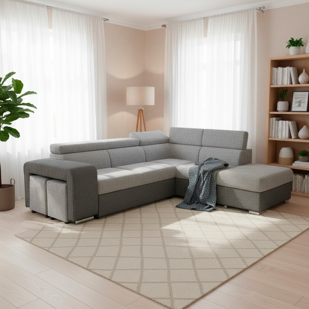 Divano letto angolare Sophie con penisola destra con pouf contenitore e 2 pouf estraibili in Giulia 9713 e Giulia 9712 Divano letto angolare Sophie con penisola destra con pouf contenitore e 2 pouf estraibili in Giulia 9713 e Giulia 9712