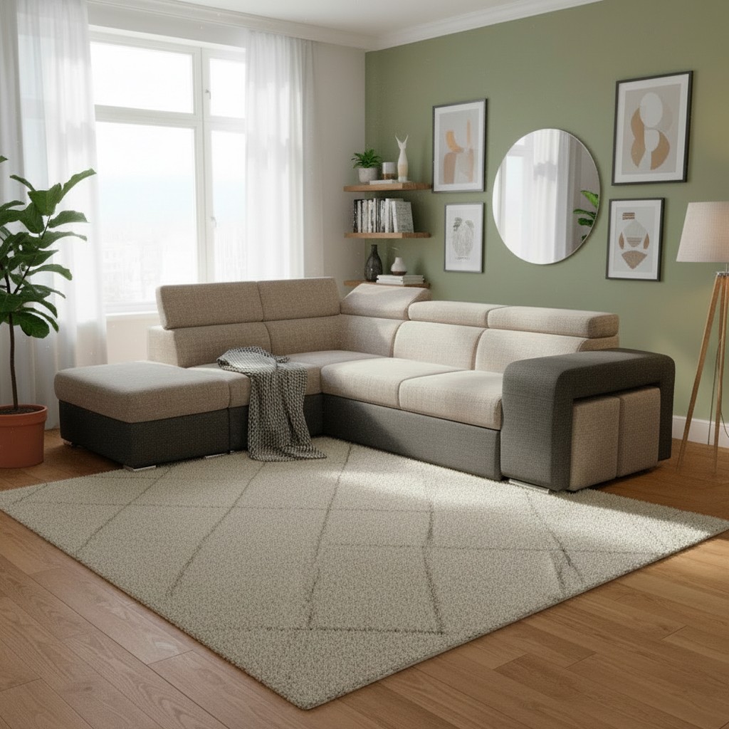 Divano letto angolare Sophie con penisola sinistra con pouf contenitore e 2 pouf estraibili in Aragon 20 e Aragon 97 Divano letto angolare Sophie con penisola sinistra con pouf contenitore e 2 pouf estraibili in Aragon 20 e Aragon 97