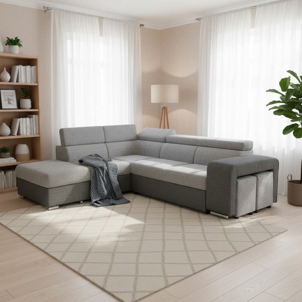 Divano letto angolare Sophie con penisola sinistra con pouf contenitore e 2 pouf estraibili in Giulia 9713 e Giulia 9712 Divano letto angolare Sophie con penisola sinistra con pouf contenitore e 2 pouf estraibili in Giulia 9713 e Giulia 9712