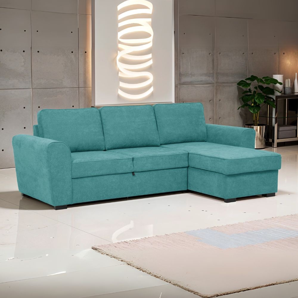 Divano letto corner reversibile Aston con contenitore in tessuto C1702 turchese Divano letto corner reversibile Aston con contenitore in tessuto C1702 turchese