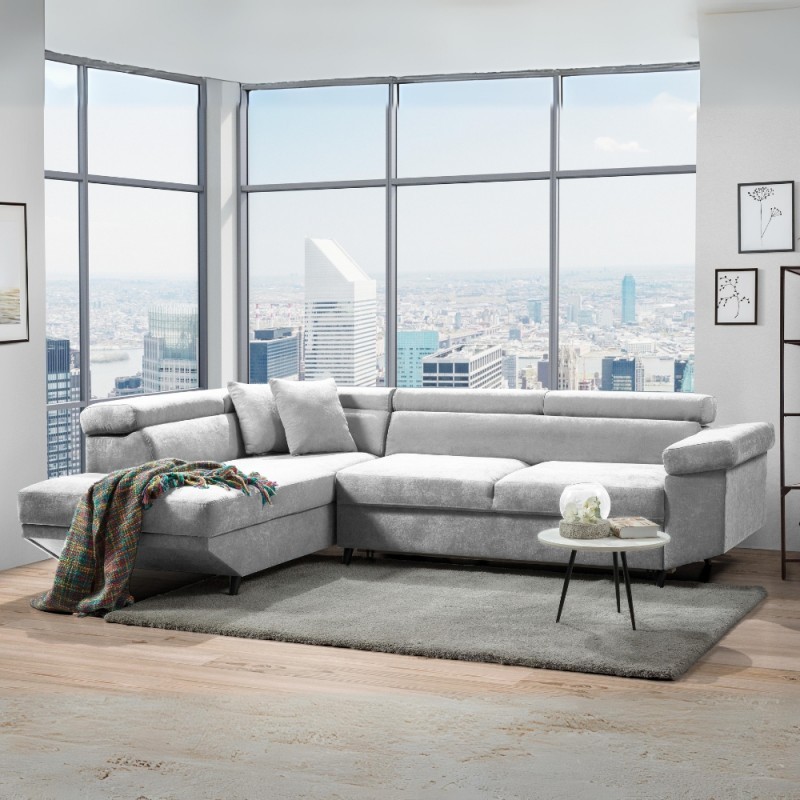 Divano letto Denver con penisola contenitore sinistra in Ronda 80 grigio chiaro Divano letto Denver con penisola contenitore sinistra in Ronda 80 grigio chiaro