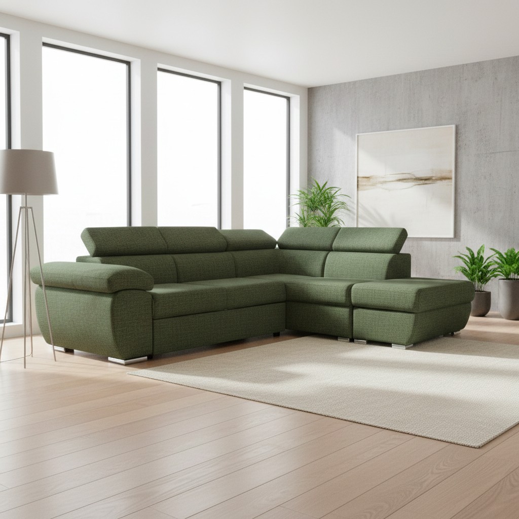 Divano letto Fiona angolare con penisola destra e pouf contenitore in tessuto Aragon 39 verde oliva Divano letto Fiona angolare con penisola destra e pouf contenitore in tessuto Aragon 39 verde oliva