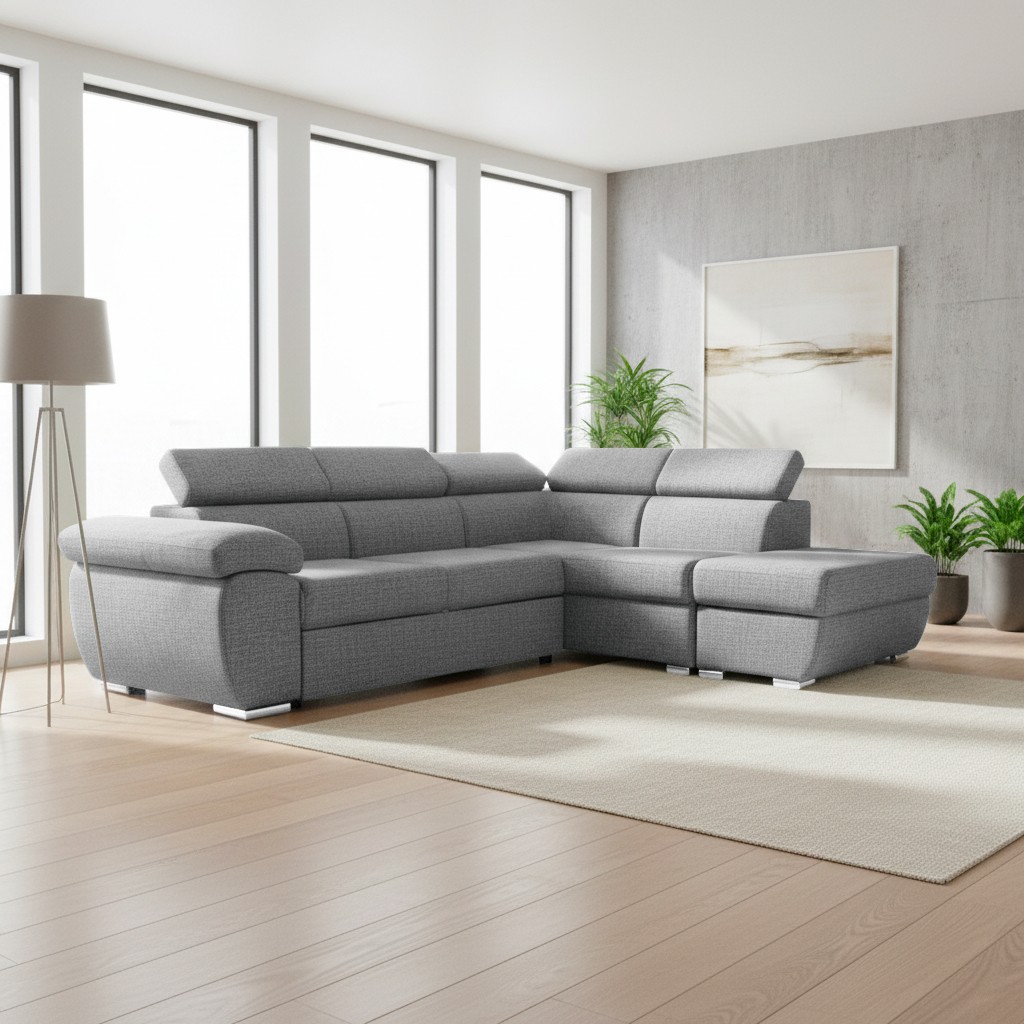 Divano letto Fiona angolare con penisola destra e pouf contenitore in tessuto Aragon 83 grigio Divano letto Fiona angolare con penisola destra e pouf contenitore in tessuto Aragon 83 grigio