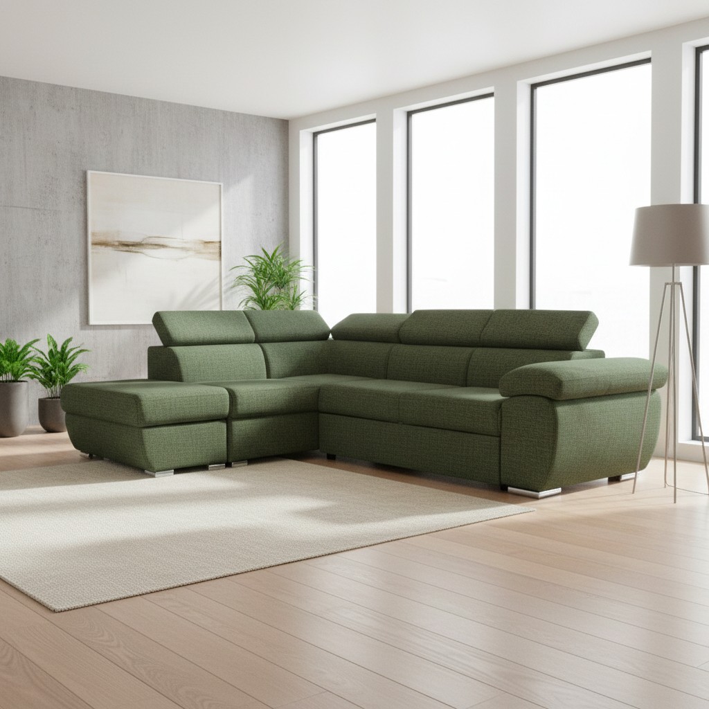 Divano letto Fiona angolare con penisola sinistra e pouf contenitore in tessuto Aragon 39 verde oliva Divano letto Fiona angolare con penisola sinistra e pouf contenitore in tessuto Aragon 39 verde oliva