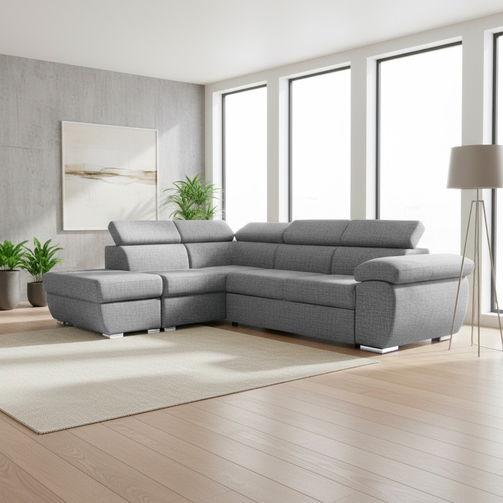 Divano letto Fiona angolare con penisola sinistra e pouf contenitore in tessuto Aragon 83 grigio Divano letto Fiona angolare con penisola sinistra e pouf contenitore in tessuto Aragon 83 grigio