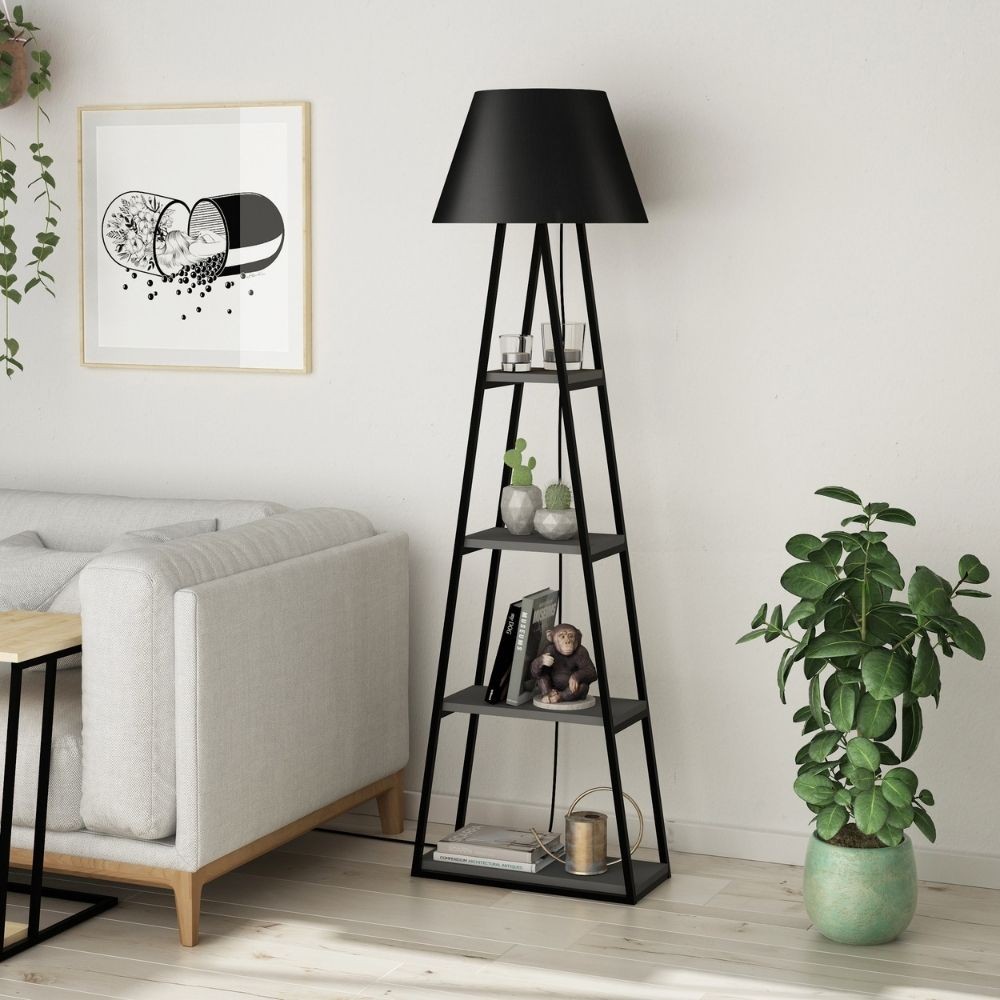 Lampada da terra Pal struttura e paralume nero con mensole antracite 50x165 Lampada da terra Pal struttura e paralume nero con mensole antracite 50x165
