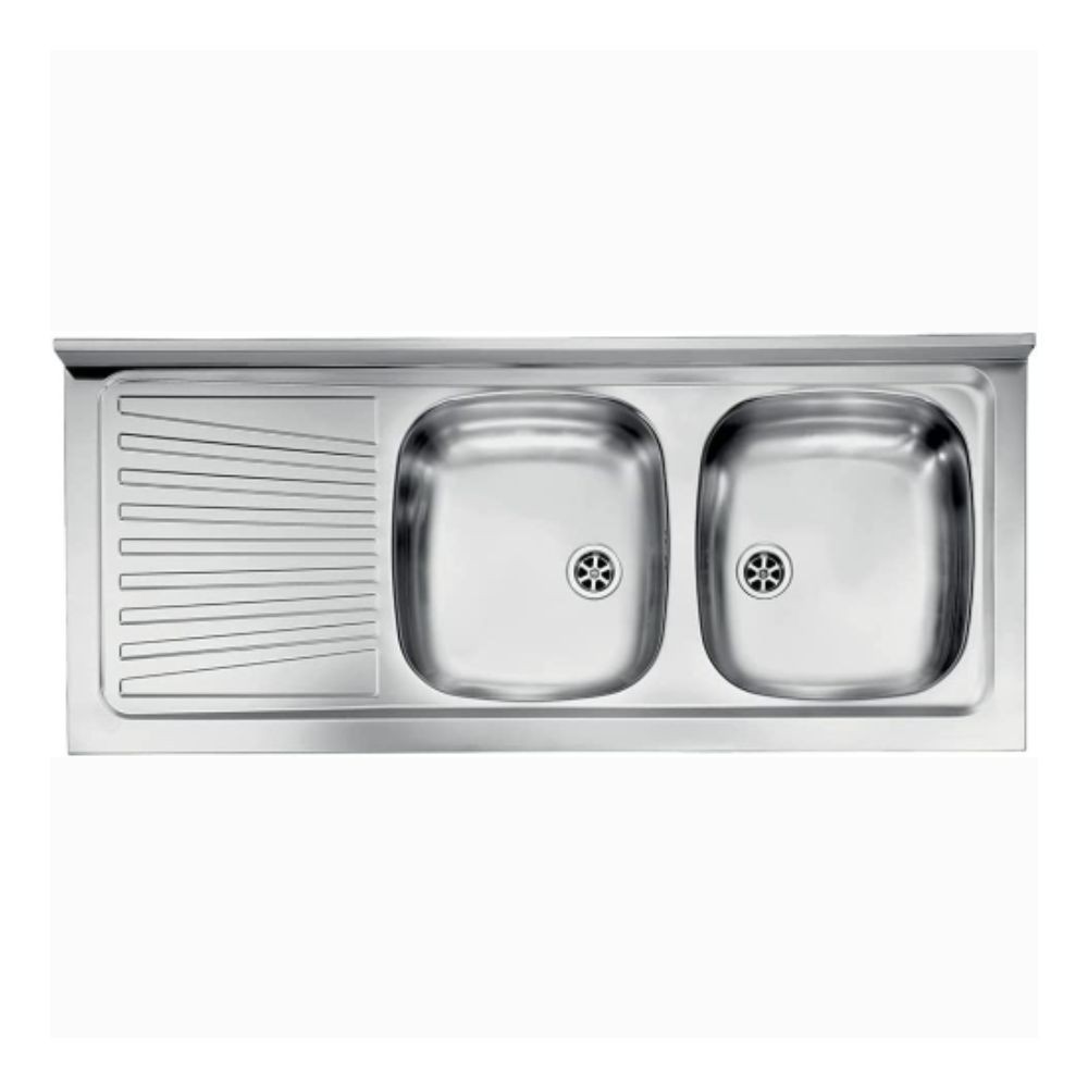 Lavello appoggio Mondial 120x50 con 2 vasche a destra e gocciolatoio sinistro con alzatina inox Lavello appoggio Mondial 120x50 con 2 vasche a destra e gocciolatoio sinistro con alzatina inox