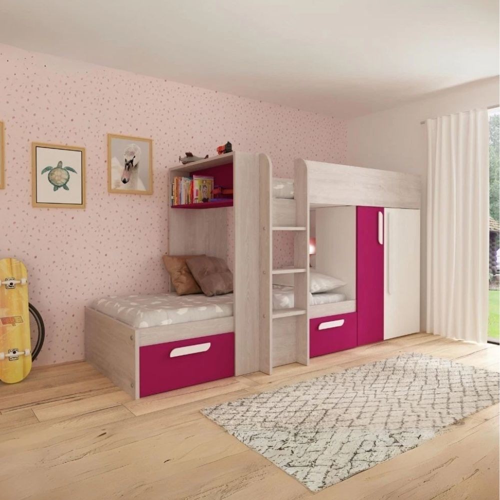 Letto a castello 1298 reversibile con armadio e 2 cassetti bianco consumato e fucsia Letto a castello 1298 reversibile con armadio e 2 cassetti bianco consumato e fucsia
