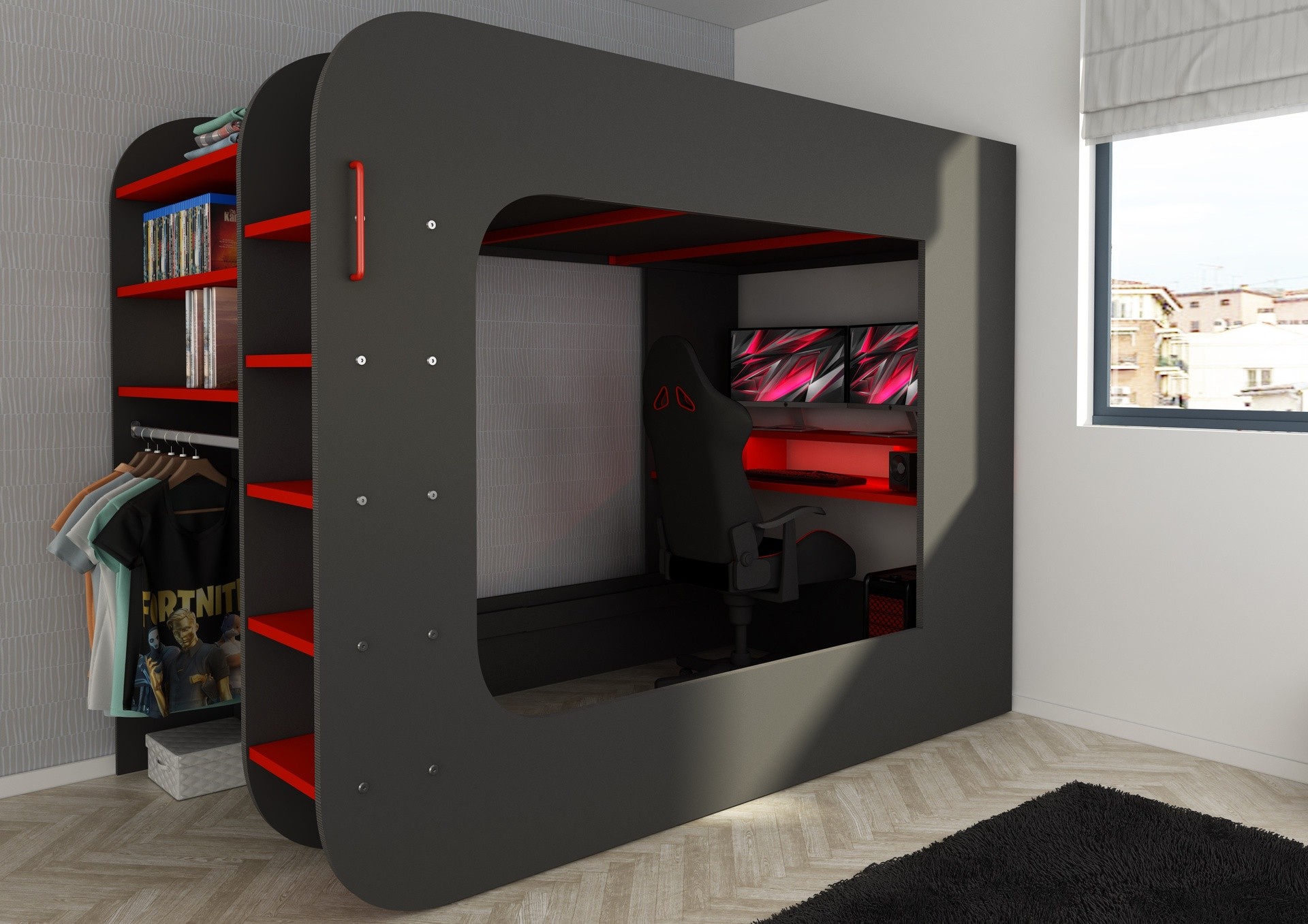 Letto a soppalco 5000 con postazione gamer reversibile antracite rosso Letto a soppalco 5000 con postazione gamer reversibile antracite rosso