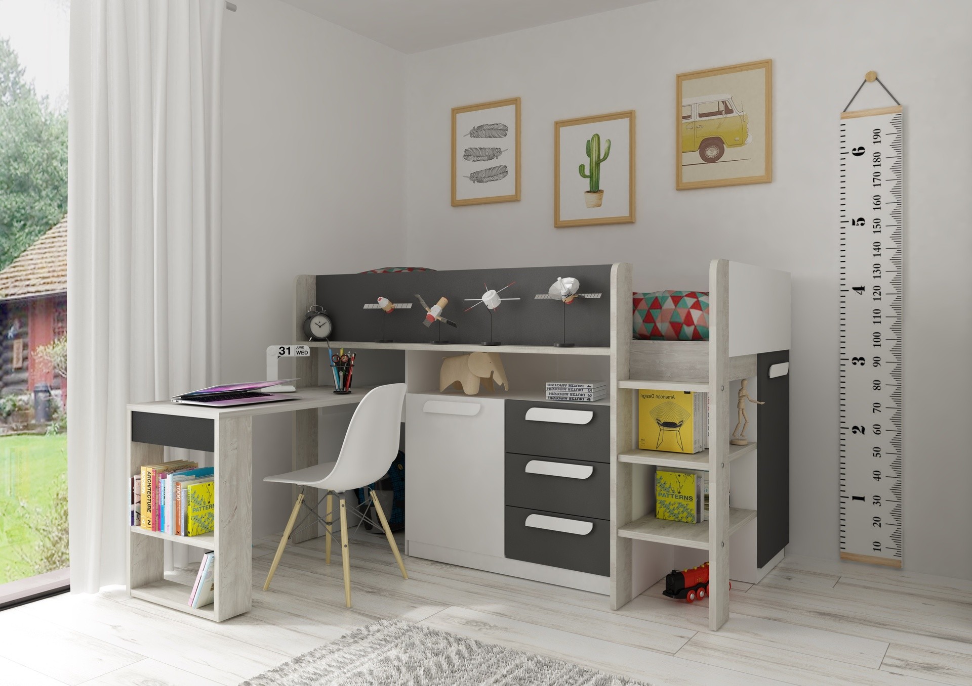 Letto a soppalco 6020 bianco antracite con scrivania estraibile reversibile Letto a soppalco 6020 bianco antracite con scrivania estraibile reversibile