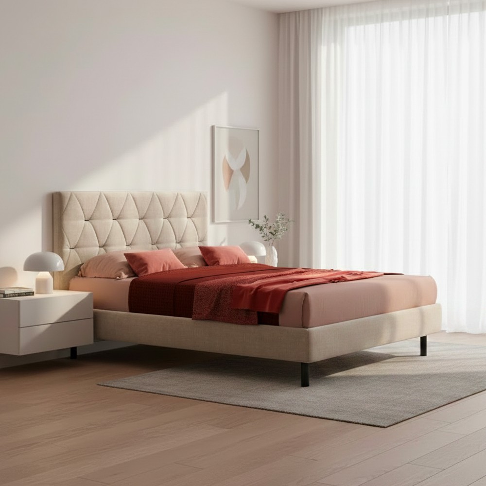 Letto Cody matrimoniale contenitore con testiera trapuntata colore beige Letto Cody matrimoniale contenitore con testiera trapuntata colore beige