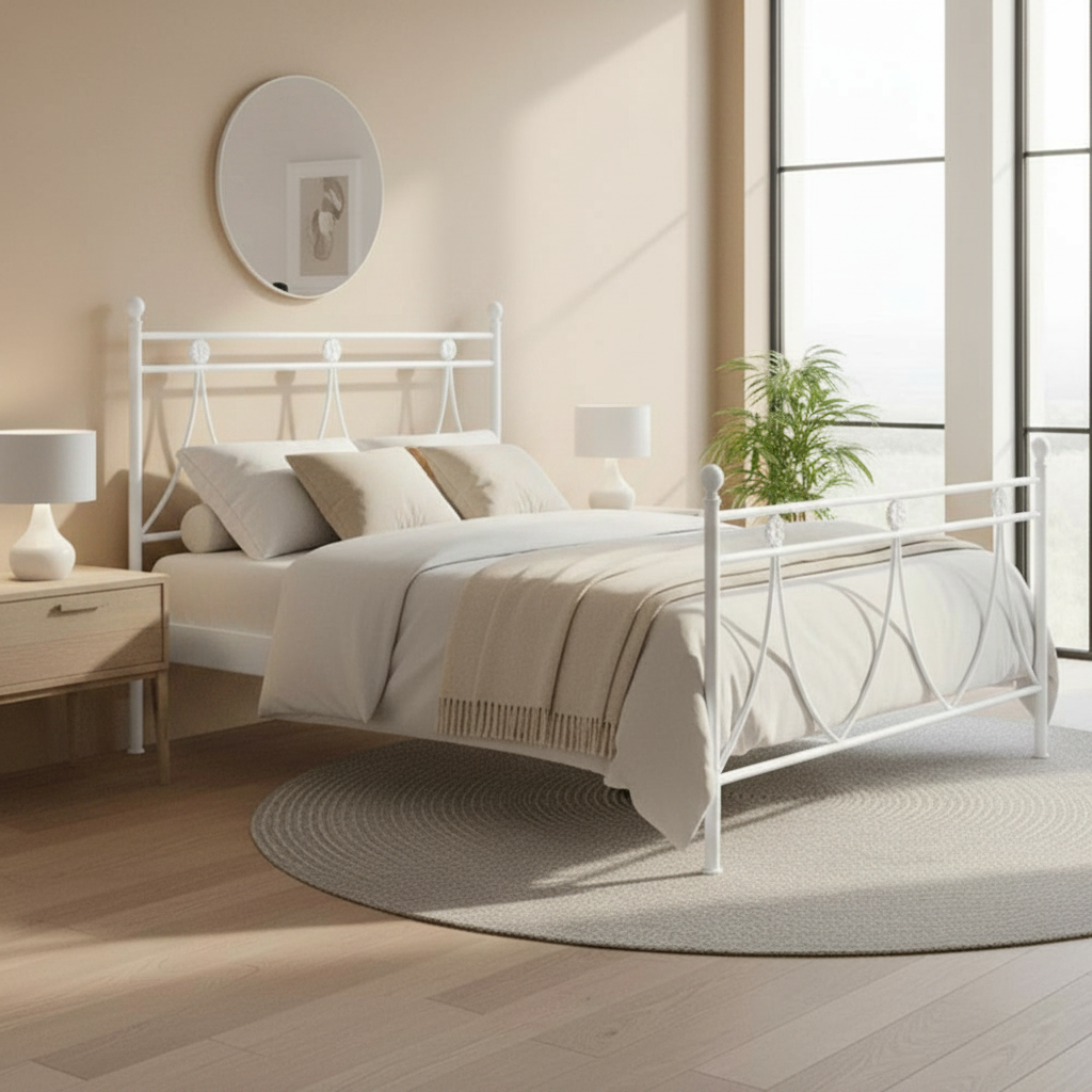 Letto in ferro una piazza e mezza Melissa con decori floreali in bianco opaco Letto in ferro una piazza e mezza Melissa con decori floreali in bianco opaco