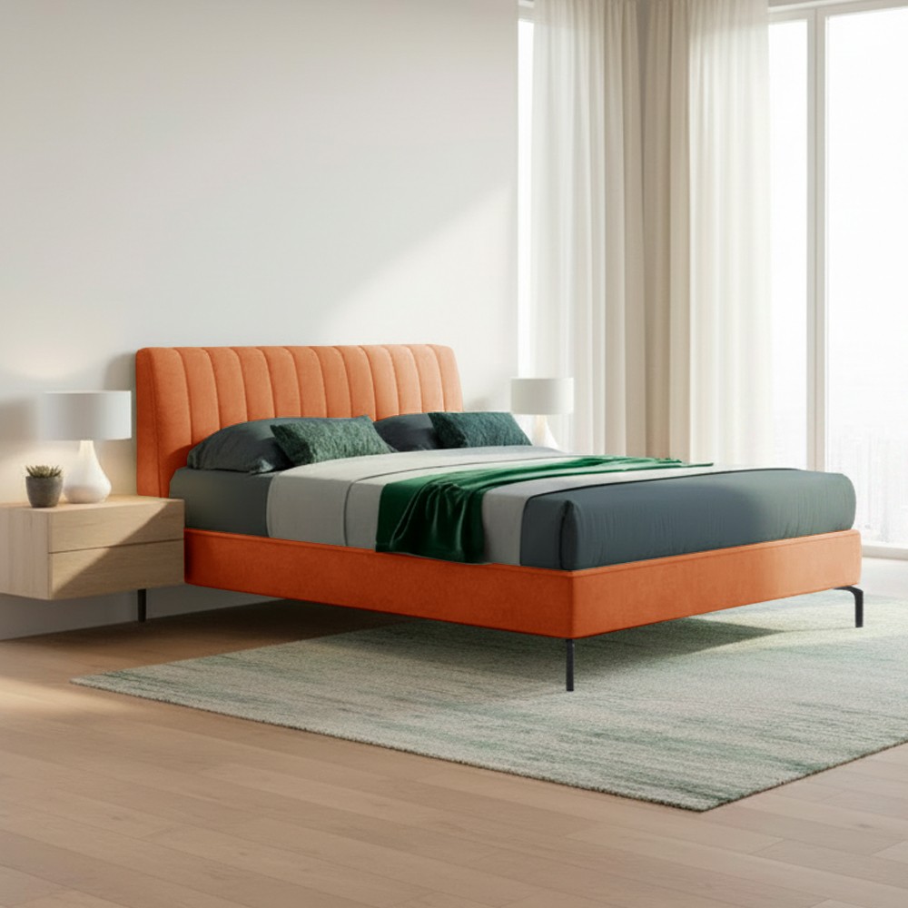 Letto matrimoniale Aki contenitore testiera cuciture verticali colore arancio Letto matrimoniale Aki contenitore testiera cuciture verticali colore arancio