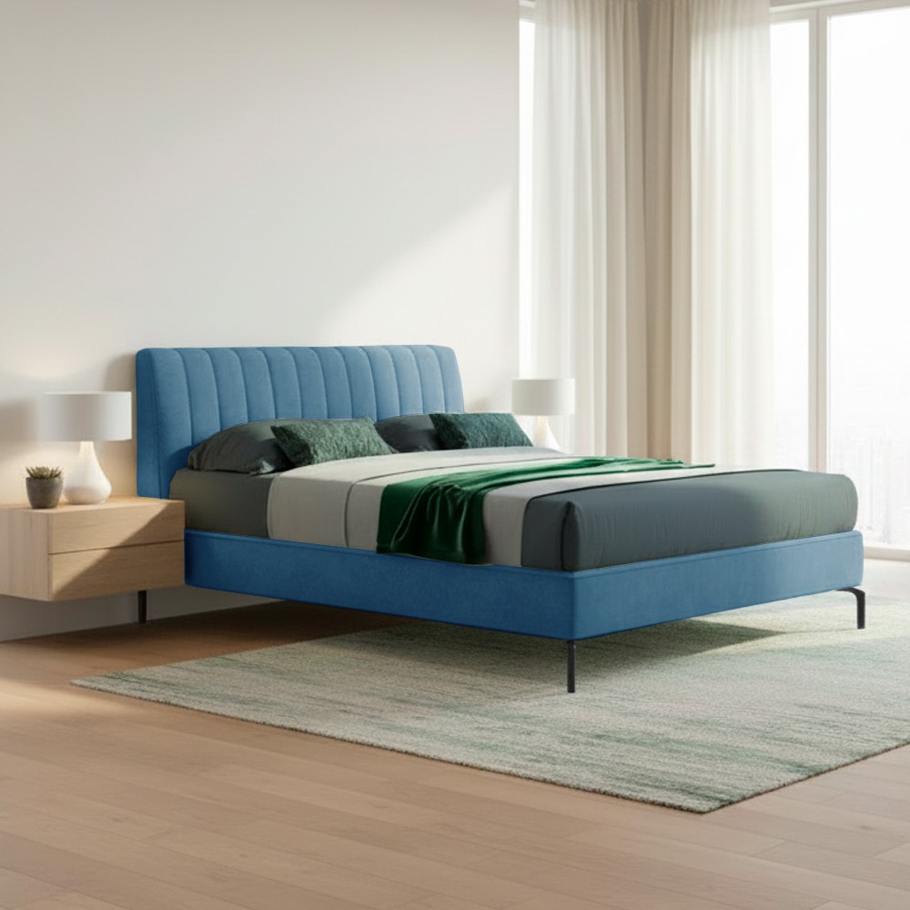 Letto matrimoniale Aki contenitore testiera cuciture verticali colore blu Letto matrimoniale Aki contenitore testiera cuciture verticali colore blu