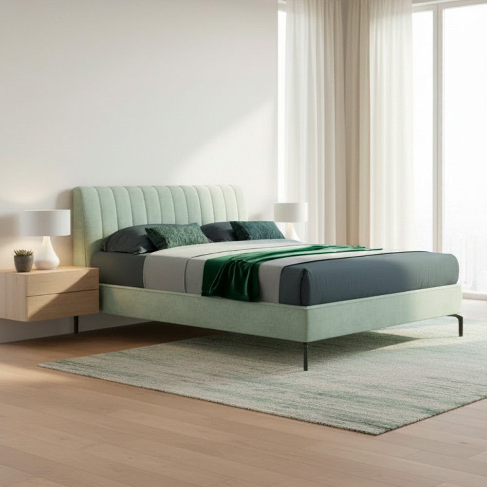 Letto matrimoniale Aki contenitore testiera cuciture verticali colore verde marino Letto matrimoniale Aki contenitore testiera cuciture verticali colore verde marino