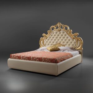 Letto matrimoniale imbottito Aleksandra in stile barocco con contenitore in ecopelle in crema inserti in oro e pietre cristallo