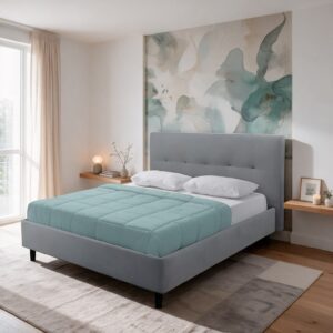 Letto matrimoniale Snello con rete fissa in tessuto grigio chiaro