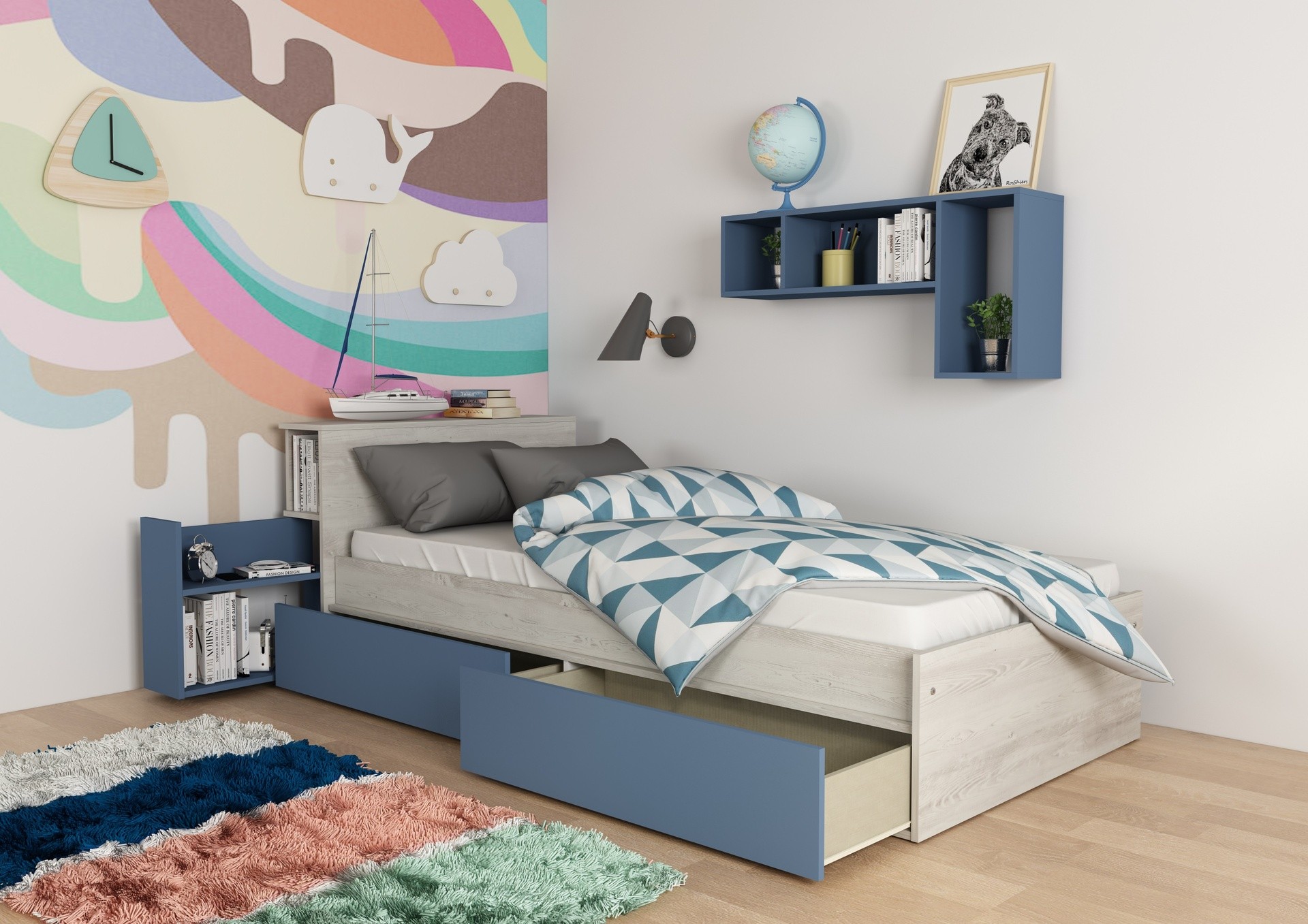 Letto singolo 1660 bianco celeste con comodino estraibile Letto singolo 1660 bianco celeste con comodino estraibile