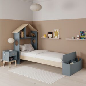 Letto singolo Odessa con testiera casetta e pediera contenitore in legno massiccio colore verde cachi e pino