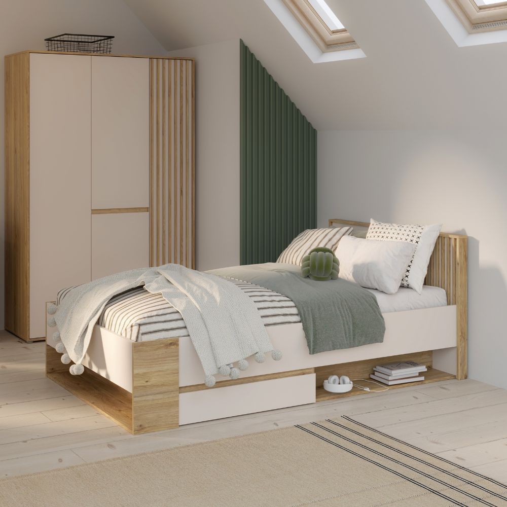 Letto una piazza e mezza Neutra 120x200 cm. con cassetto e 2 vani a giorno colore rovere e cashmere Letto una piazza e mezza Neutra 120x200 cm. con cassetto e 2 vani a giorno colore rovere e cashmere